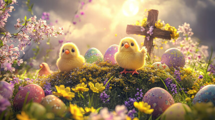 Happy Easter holiday vector design of painted eggs, chicks and cake, spring flowers and lab of God with cross. Resurrection Sunday holiday of christian religion greeting card