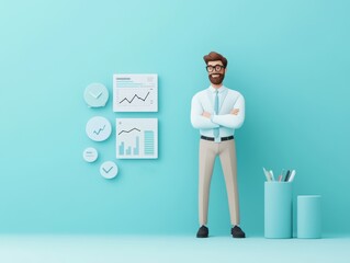 Fototapeta premium A confident businessman stands against a turquoise backdrop, surrounded by graphs and data visuals, embodying professionalism and analytics.