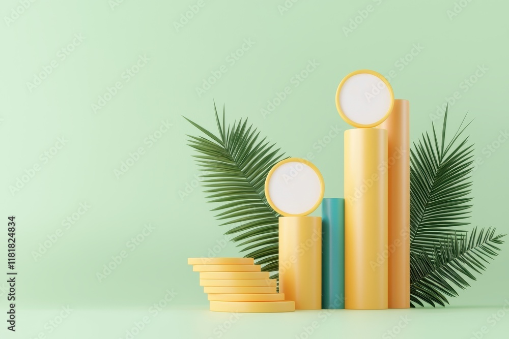 Aufkleber a minimalistic display featuring yellow and teal cylindrical shapes with blank circular frames, comp
