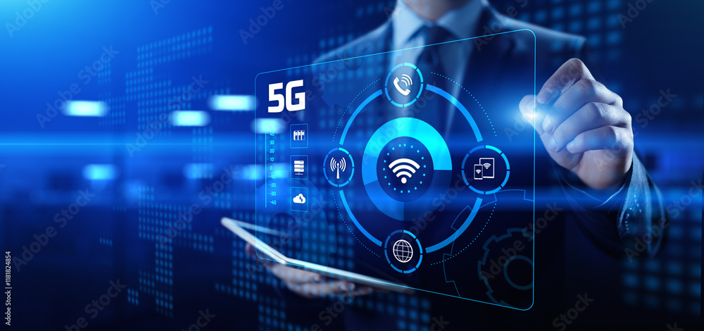 Poster 5g high-speed internet connection concept. businessman pressing button on screen.