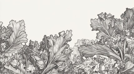 Stunning Botanical Illustration of Detailed Kale Leaves in Elegant Line Art Style