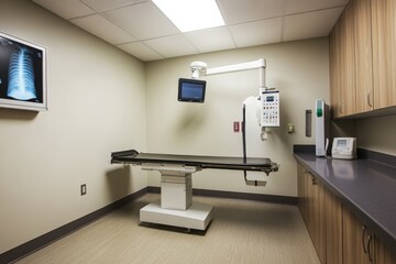 A digital x-ray machine in a veterinary imaging room.