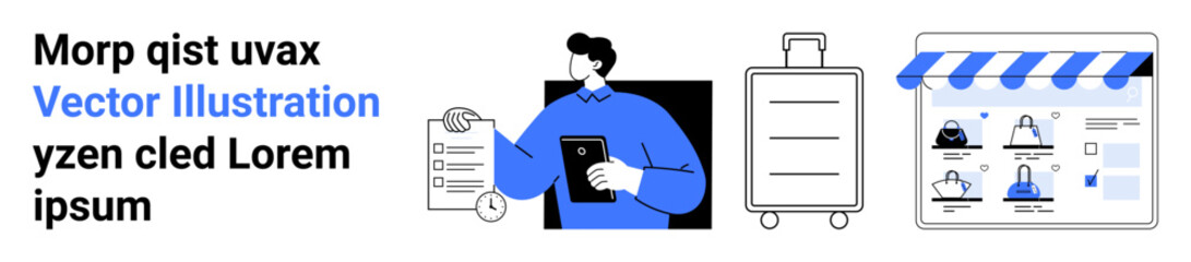 Businessman holding tablet and document, accompanied by suitcase and online store interface. Ideal for business travel, e-commerce, digital marketing, mobile technology, customer service, travel