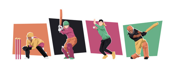 Set of male cricket athlete players with different poses. Isolated on white background. Flat character vector illustration.