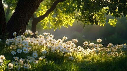 Wild daisy patch underneath oak trees.
