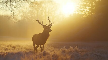 Fototapeta premium Majestic Stag at Sunrise: A Golden Moment in Nature