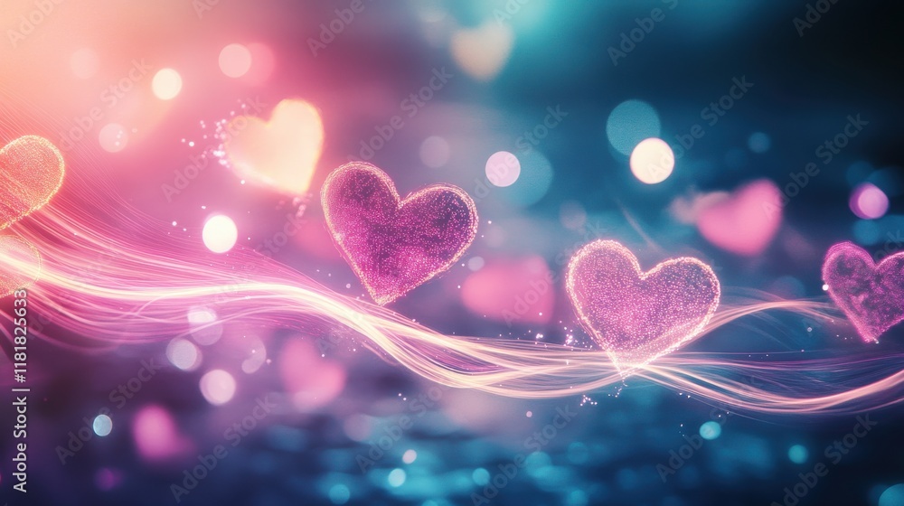 Poster glowing pink hearts and sparkling waves with abstract light trails and bokeh effect