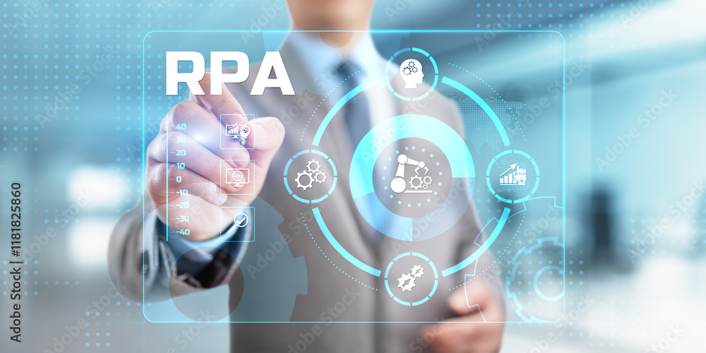 Aufkleber rpa robotic process automation business process optimisation innovation technology concept.