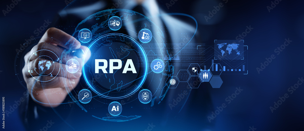 Aufkleber rpa robotic process automation business process optimisation innovation technology concept.