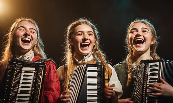 French Accordionist and Traditional Dancers Celebrating Language with Art and Vibrant Lighting