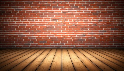 Fototapeta premium A rustic background with a red brick wall texture and a wooden floor, creating a warm and inviting atmosphere for various creative projects and presenataions, generated with ai