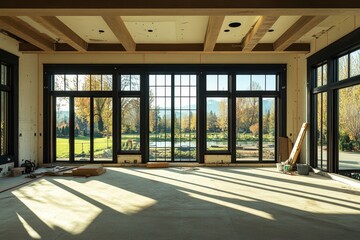 Obraz premium Spacious Modern Interior with Large Windows Showcasing Scenic Views of Nature, Natural Light Creating Shadows on the Floor, Under Construction Environment