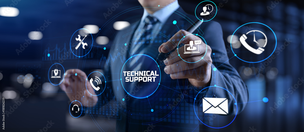 Poster technical support customer service concept. businessman pressing button on screen.