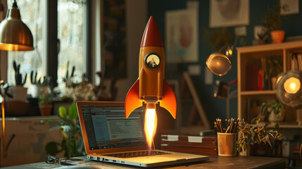 Colorful rocket launching from a laptop in a cozy workspace setting