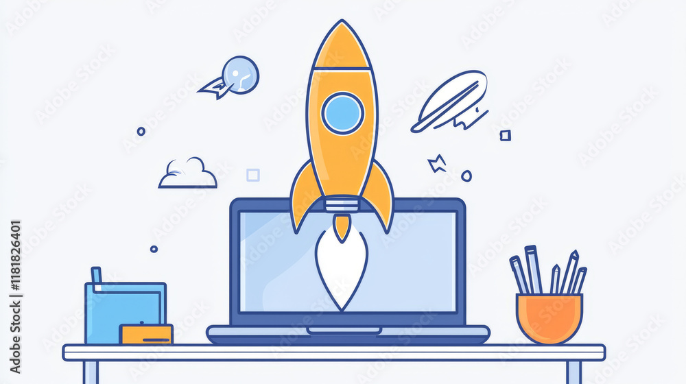 Aufkleber creative rocket launch concept displayed with technology and innovation elements
