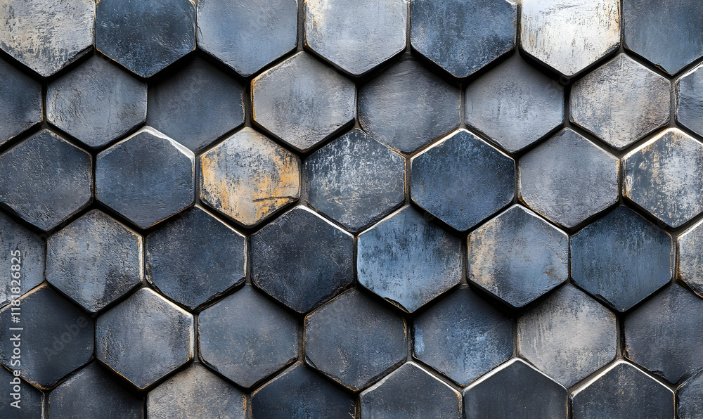 Poster abstract hexagonal tile pattern background. dark grey and blue tones with aged texture. perfect for 