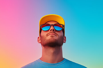 A 25-year-old caucasian man with a beard, wearing a bright yellow cap, reflective sunglasses, and a blue shirt, standing against a colorful gradient background