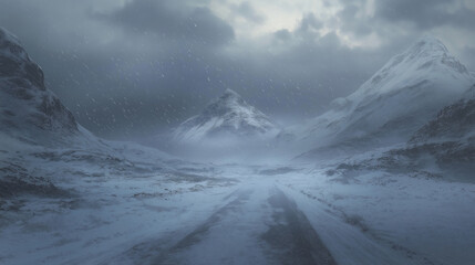 Snow covered road and dark clouds in a snowstorm. Vehicle promotion, winter products, antifreeze advertising background poster.