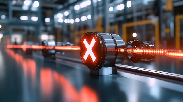 Red X error sign on factory assembly line.