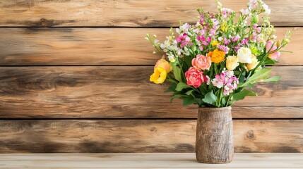 Colorful Flower Bouquet in Rustic Vase Against Wooden Background for Home Decor