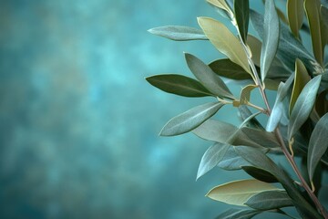 Olive branches creating frame on textured teal background for design or invitation