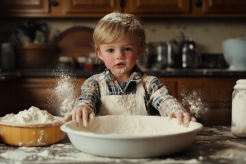 Toddler chef making a mess with flour in the kitchen