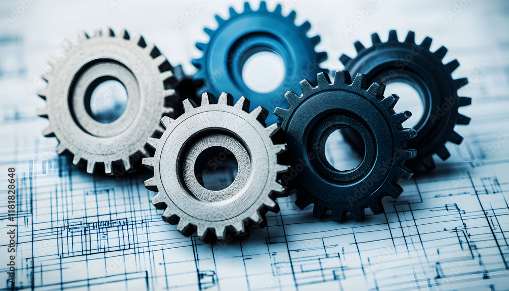 Poster interlocking gears on blueprint, signifying teamwork, collaboration, and intricate engineering proce