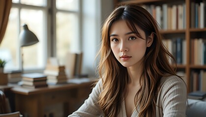 Focused woman in study setting with perfect composition and depth of field