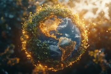 Stunning Conceptual Illustration of Earth Surrounded by Lush Greenery and Glowing Lights, Symbolizing Environmental Awareness and Connection to Nature