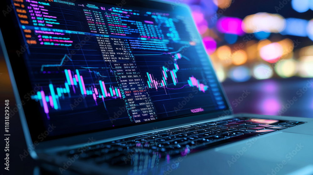Poster laptop displaying financial charts with colorful light reflections in the background