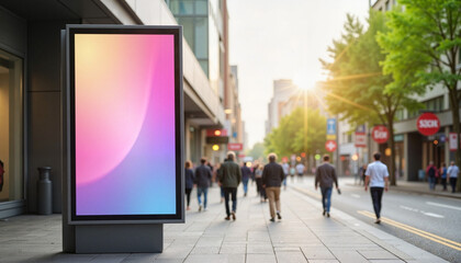 Digital advertising board on city street with pedestrians