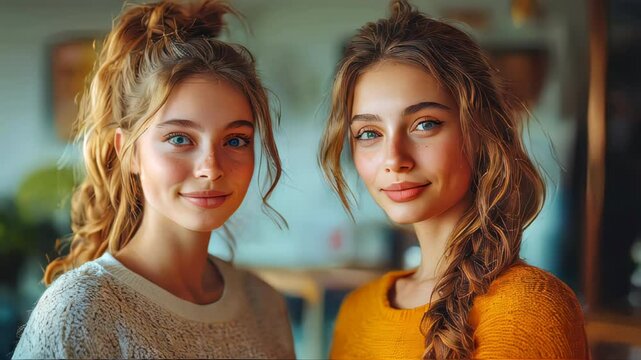 Two young women with beautiful features, one in a sweater and the other in a braided hairstyle, pose together in a warm, inviting indoor setting