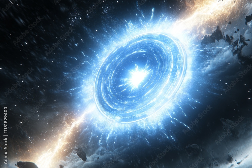 Poster stunning cosmic portal with bright light emitting from center surrounded by dark space and asteroids