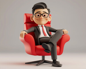 Professional Cartoon Businessman Illustration in Red Chair with Confident Smile for Business Concepts and Marketing Materials