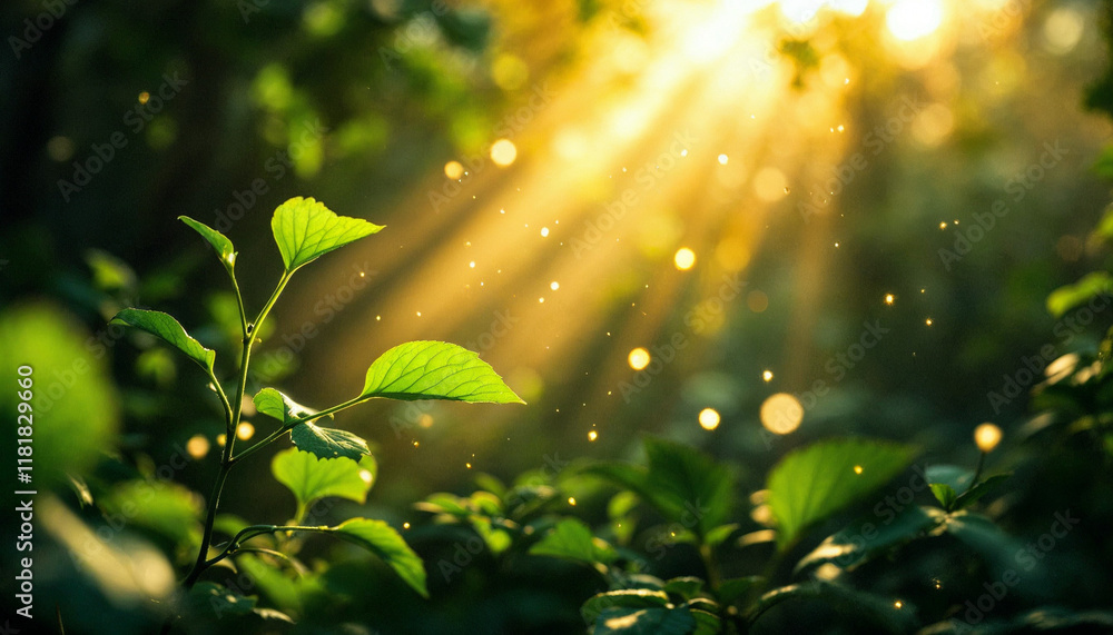 Poster sunlight filters through leaves in a serene forest setting, creating a magical ambiance in the early