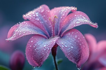 Pink lily flower adorned with droplets in a serene garden setting captured during early morning light