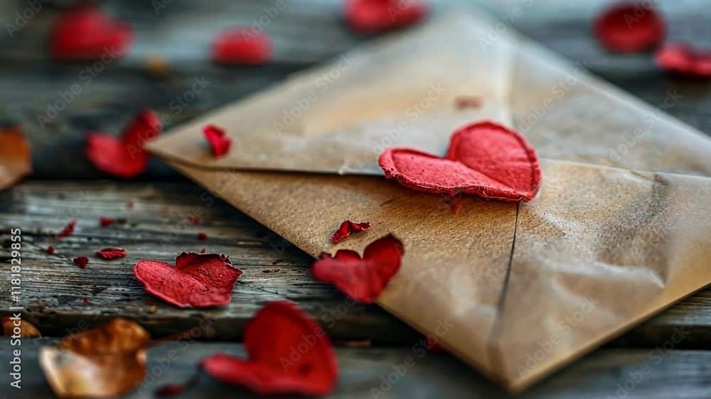 Poster a rustic wooden table is scattered with red heart confetti surrounding a sealed brown envelope. the 