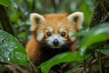 Adorable red panda cub hiding in lush green foliage