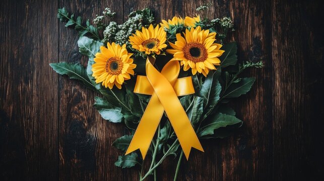 Sunflowers and Yellow Ribbon on Dark Wood - Powered by Adobe