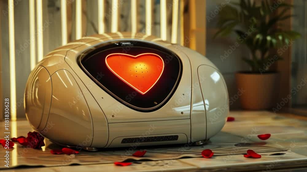 Poster a futuristic robot with a glowing heart sits on a polished floor surrounded by scattered rose petals