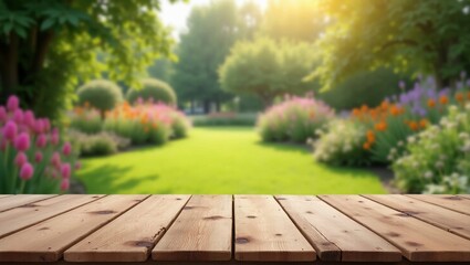wooden table in the garden for background of displaying product 