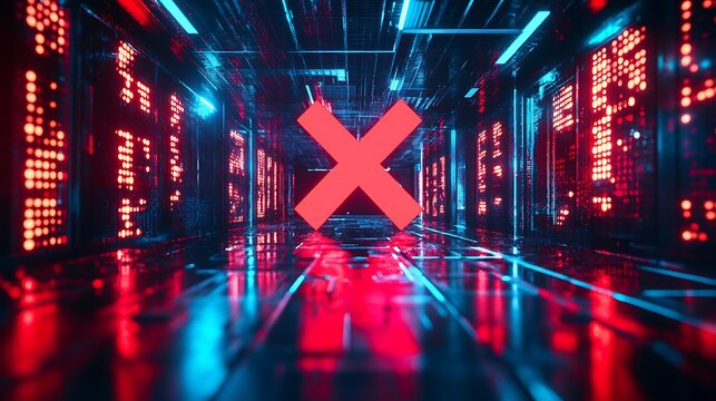 Red X over futuristic server room.