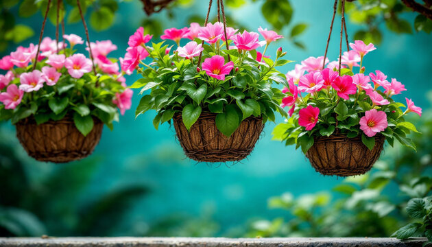 Colorful hanging flower pots with pink blooms brighten a serene garden in vibrant spring sunlight