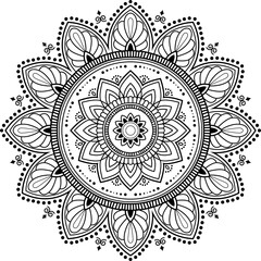 Flower-shaped mandala, black and white pattern. Islam, Arabic, Pakistan, Moroccan, Turkish, Indian, Spain motifs. Hand drawn background, vector isolated on white.