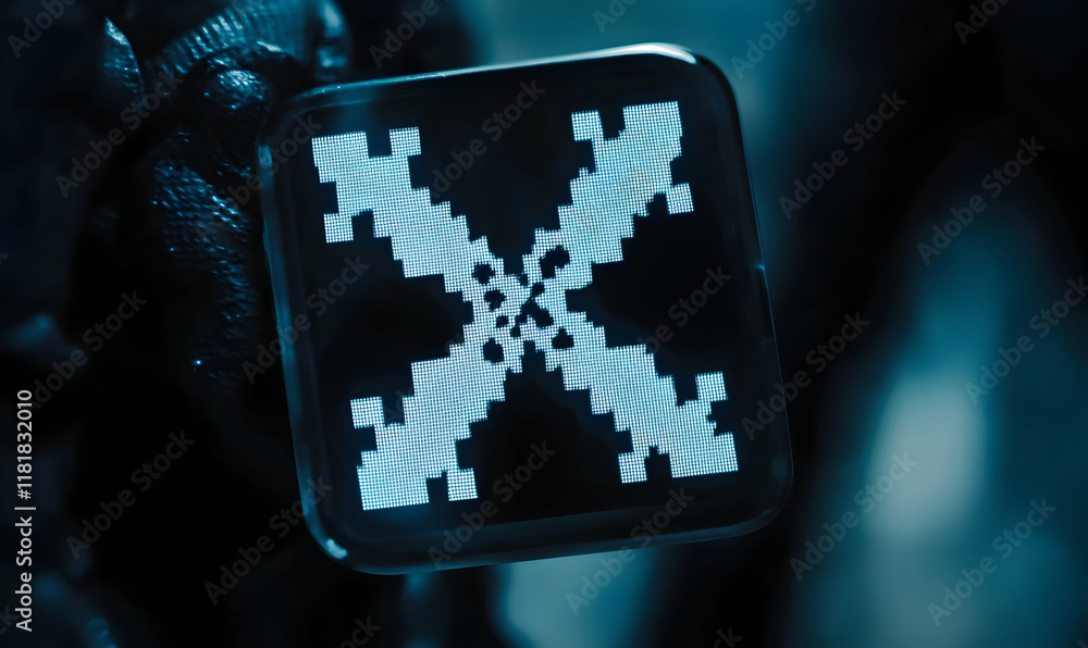 Poster close-up of a hand holding a device displaying a pixelated x-shaped pattern, dark blue tones. myster