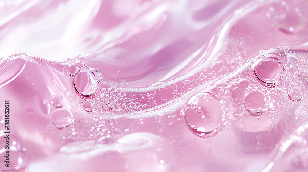 Poster abstract pink liquid texture with glossy bubbles and dynamic flowing forms