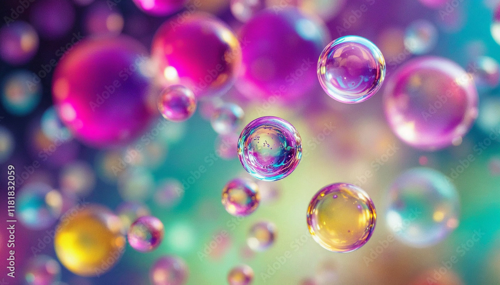 Poster colorful soap bubbles floating against a vibrant abstract background with blurred hues in a joyful a