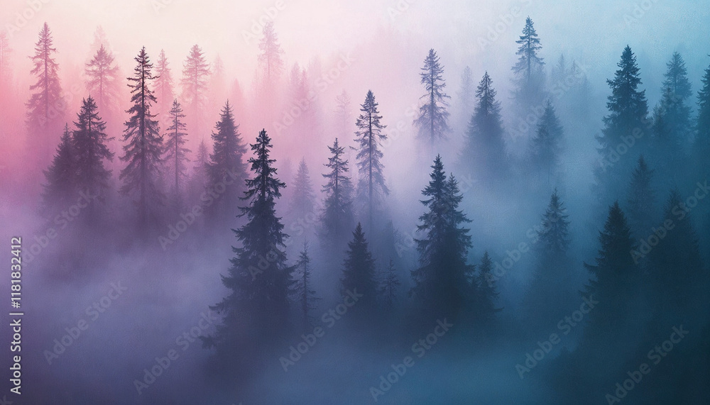 Poster mysterious fog envelops a vibrant forest at dawn creating an enchanting atmosphere in nature