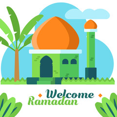 Flat illustration mosque and cloud, welcome ramadan kareem