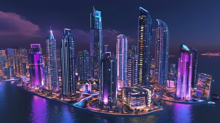 Obraz premium Vibrant Night Cityscape with Modern Towers and Illuminated Waterfront